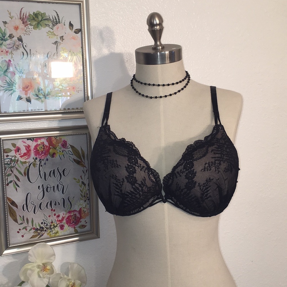 Victoria’s Secret 34D black/Nude lace bra.